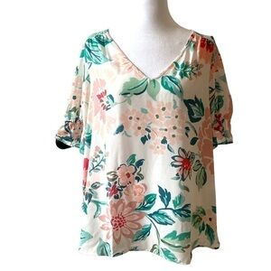 Loft medium blouse floral v-neck white pink green